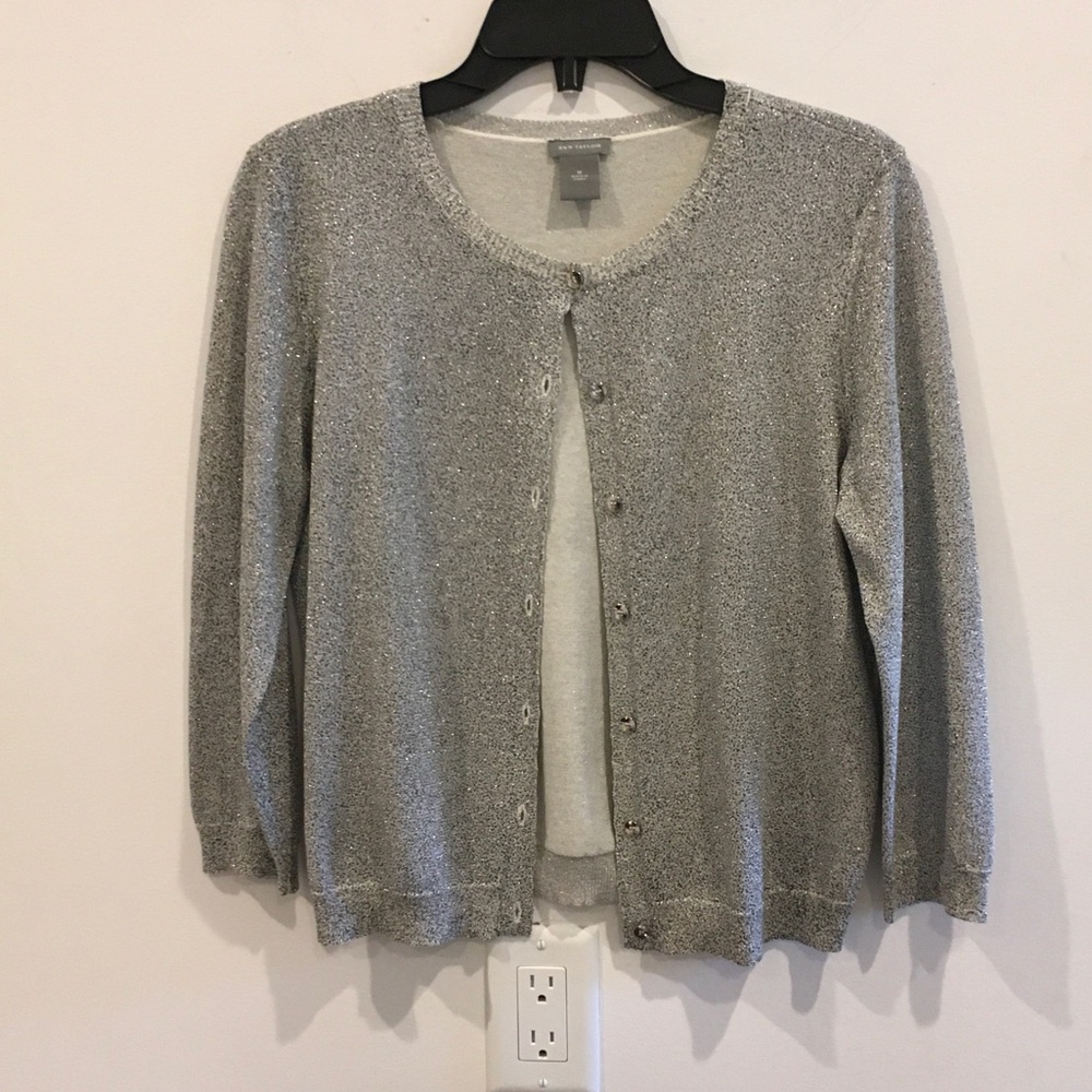 Ann Taylor Silver Metallic Crewneck Button-Front Cardigan